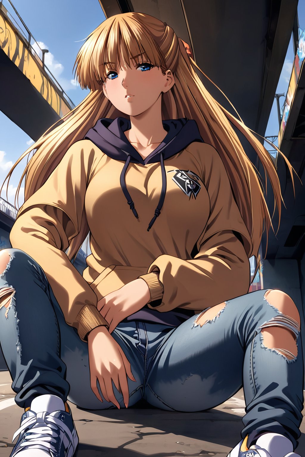 high detailed,very aesthetic,high detailed,very aesthetic, kanzaki asuka, 1girl, blonde hair, blue eyes, detailed gorgeous eyes, perfect face, detailed face, street-style girl, sitting, confident pose, under bridge, graffiti art, urban setting, hoodie, ripped jeans, sneakers, vibrant colors, expressive graffiti, shadows, natural lighting, BREAK, relaxed expression, hands in pockets, cool demeanor, wind-blown hair, cinematic, dusk, from_below,<lora:kanzaki asuka aam:0.8>