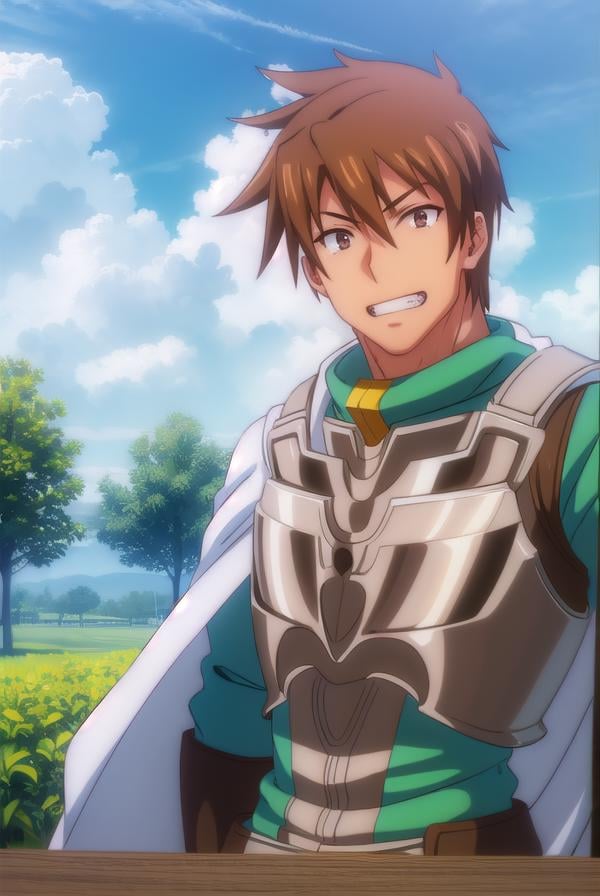 rance, <lora:rance-lora-nochekaiser:1>,rance, brown hair, (brown eyes:1.5), male focus, smile, grin,BREAK cape, armor, bodysuit, green bodysuit,BREAK outdoors, forest, nature, sun, sky, clouds,BREAK looking at viewer, (cowboy shot:1.5),BREAK <lyco:GoodHands-beta2:1>, (masterpiece:1.2), best quality, high resolution, unity 8k wallpaper, (illustration:0.8), (beautiful detailed eyes:1.6), extremely detailed face, perfect lighting, extremely detailed CG, (perfect hands, perfect anatomy),