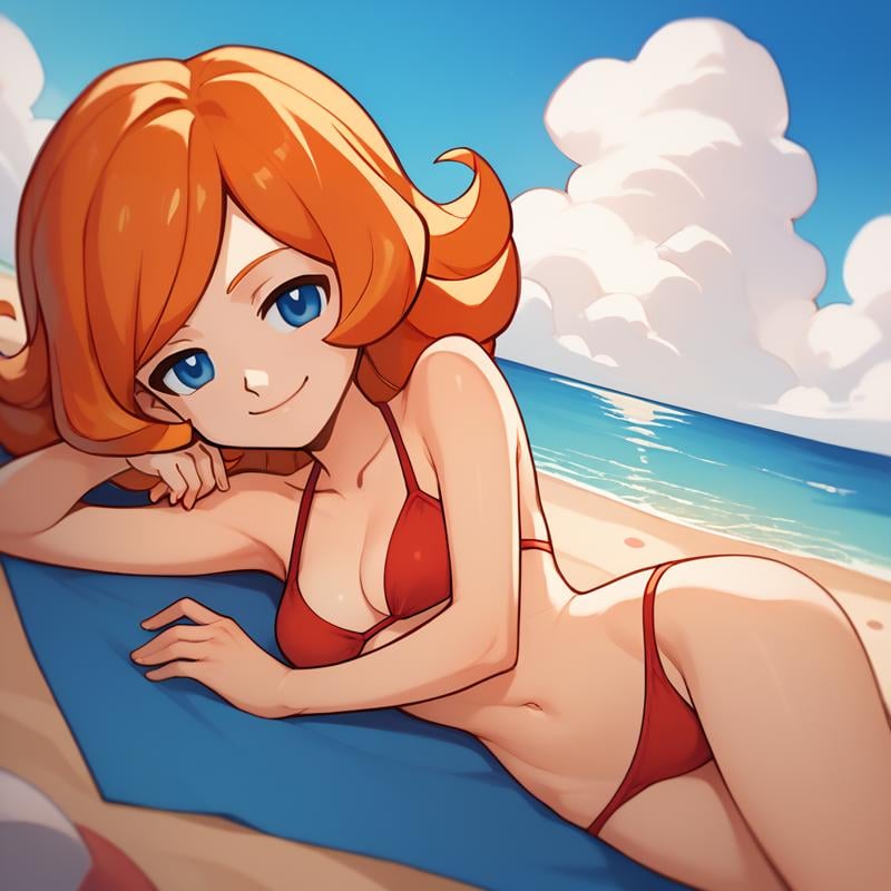 score_9, score_8_up, score_7_up, 1girl, solo, uncensored,  <lora:WarioWareMonaXL_v1.1:1> wariowaremona,  smile, on side, lying, looking at viewer, half-closed eyes,  blue eyes, long orange hair, red bikini,  outdoors, beach, ocean, sand, sky, sunny