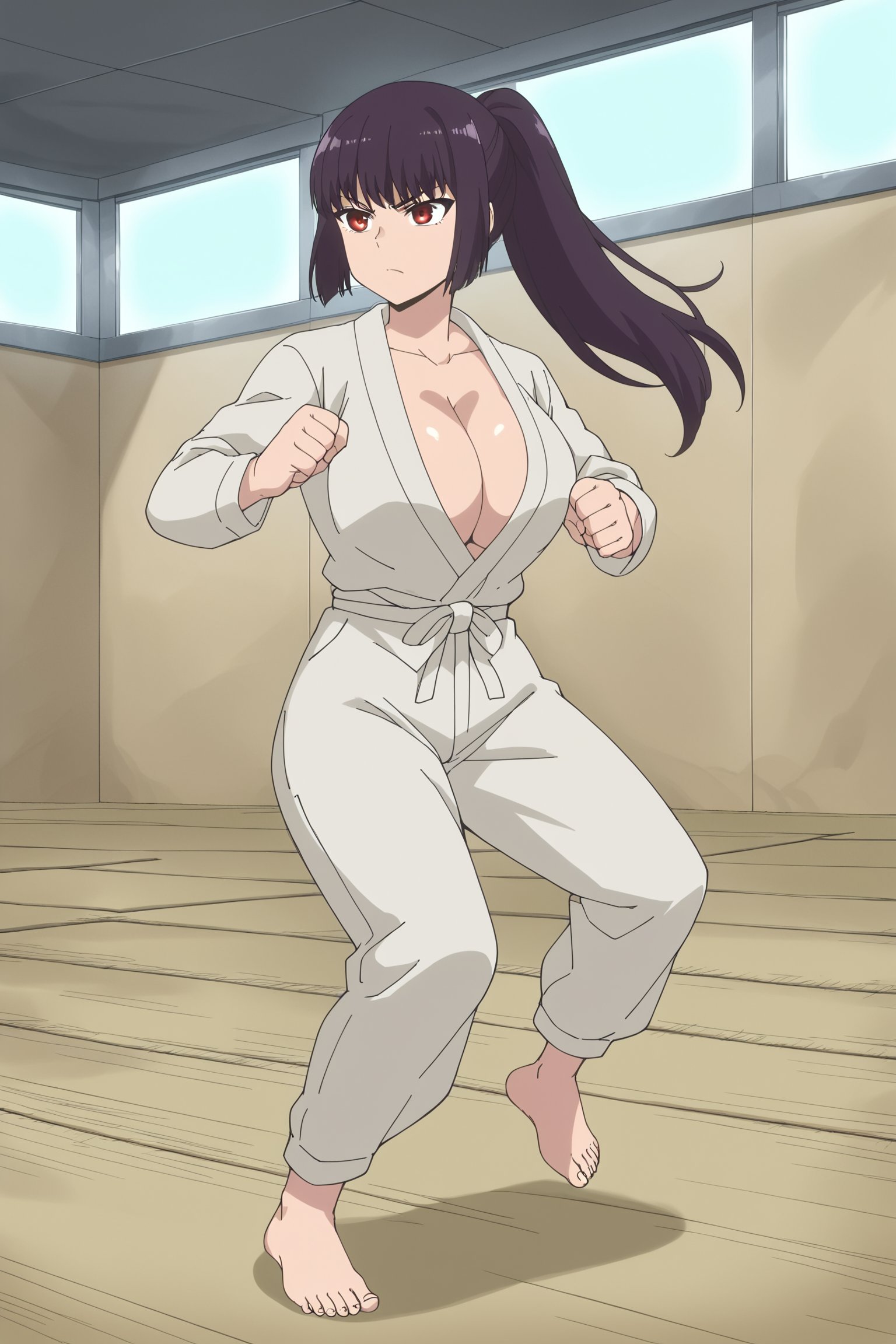 score_9, score_8_up, score_7_up, score_6_up, source_anime,anime screencap,anime coloring, uncensored, at a dojo,<lora:Sana_Sunomiya:.8>Black hair, purple hair, Long hair, bangs, red eyes, huge breasts, collarbone, Dougi, ponytail,  cleavage, fighting pose, barefoot, (full body shot), punching, one fist out, (motion lines, motion blur:1.2)