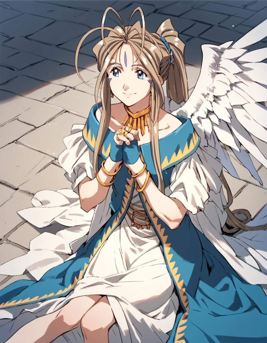 score_9, score_8_up, score_7_up, score_6_up, score_5_up, score_4_up, source_anime,  Belldandy, smile, gloves, dress, jewelry, sitting, earrings, wings, choker, fingerless gloves, bracelet, ring, own hands together, 