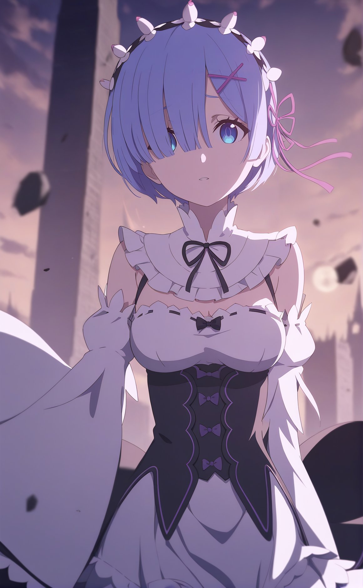 1girl solo 1girl, rem \(re:zero\), re:zero kara hajimeru isekai seikatsu corset ivory tower blue moon wasteland-highres absurdres best-quality safe masterpiece