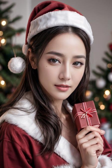 hyperrealism, solo, wearing santa claus outfit, christmas theme, snow christmas background in the morning , mature body, upper body, holding red box of present, realistic,, (mature body), (upper body:1.5), nikon RAW photo,8 k, Fujifilm XT3,masterpiece, best quality, realistic, photorealistic, ultra detailed, extremely detailed face, mole below eye, 