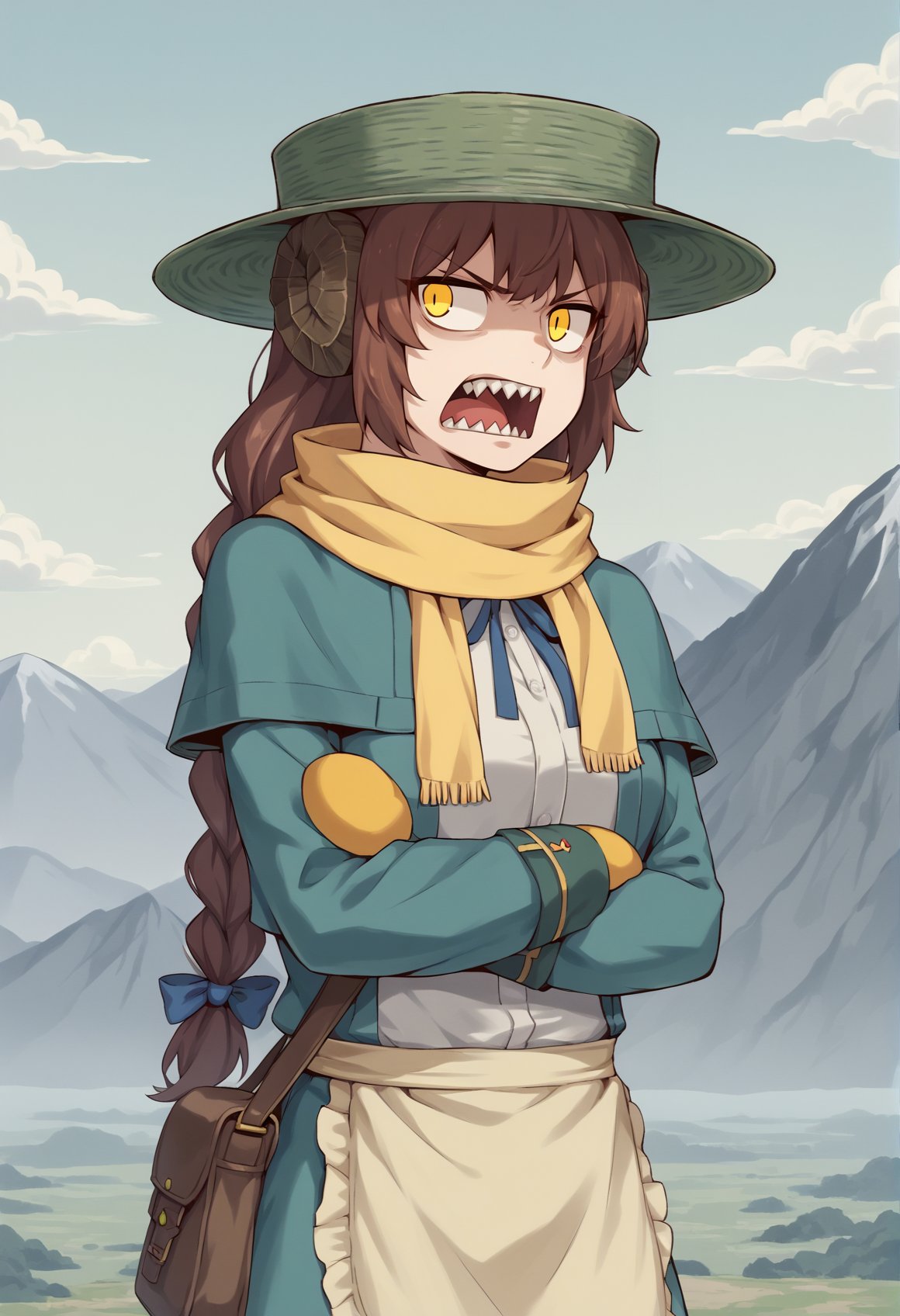 1girl, brown hair, yellow eyes, long hair, braid, horns, white shirt, ribbon, hat, scarf, mittens, capelet, green jacket, green skirt, apron, bag, crossed arm. outdoors, mountain, sharp teeth, split puplis, looking to the side, cowboy shot, open mouth, disgust <lora:Mary_Anning:0.8>, score_9, score_8_up, score_7_up, score_6_up, score_5_up, score_4_up, BREAK source_anime, masterpiece