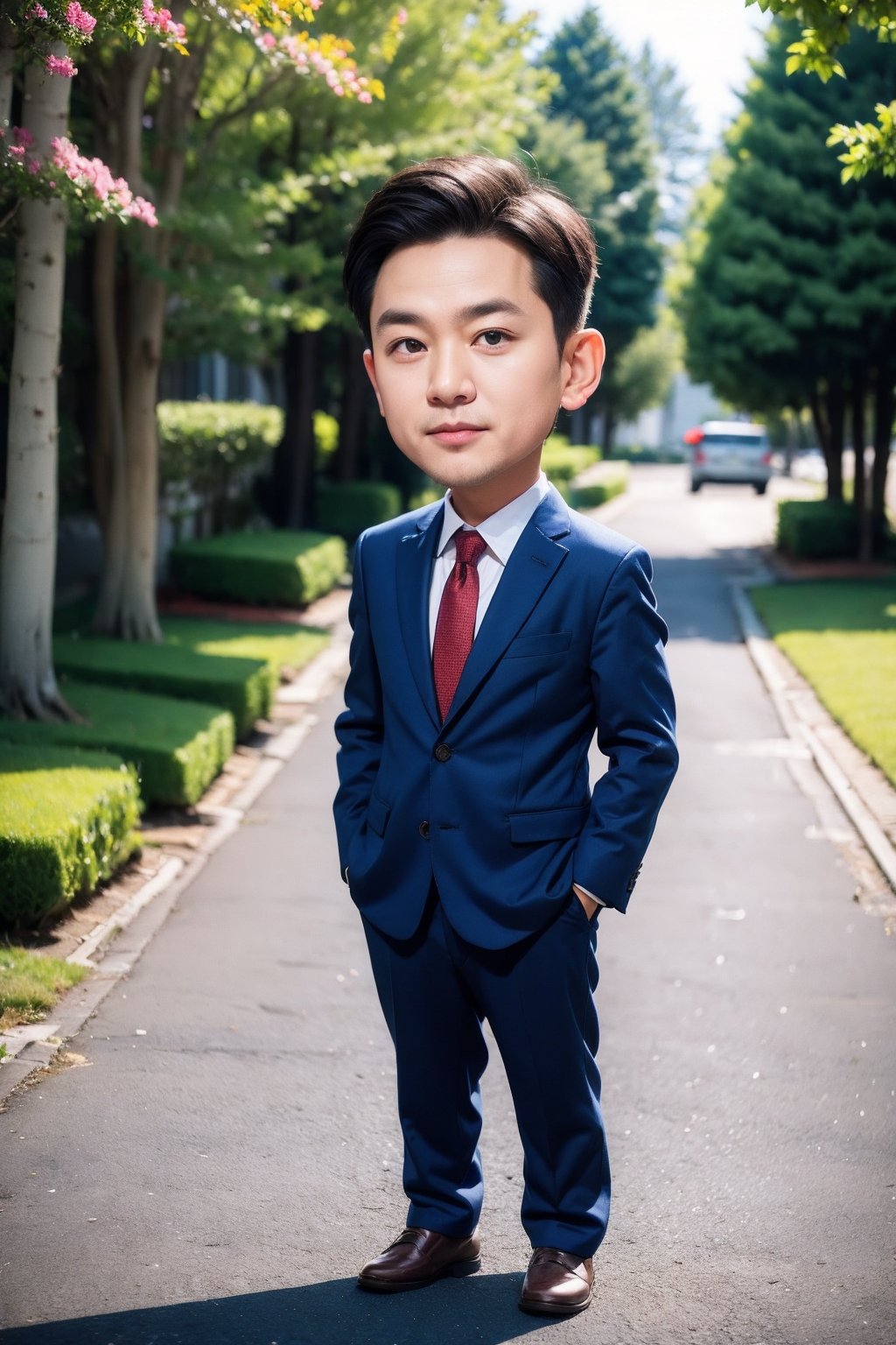 necktie, 1boy, male focus, chibi, red necktie, pants, hands in pockets, realistic, looking at viewer, outdoors, shirt, blurry, suit, blurry background, jacket, formal, black footwear, white shirt, road, standing, blue jacket, grey hair, tree, blue pants, black pants, collared shirt, shoes, buttons, full body, solo focus, closed mouth, solo, short hair, day, long sleeves, photorealistic, depth of field, old, grey eyes, blazer, old man, street, white hair