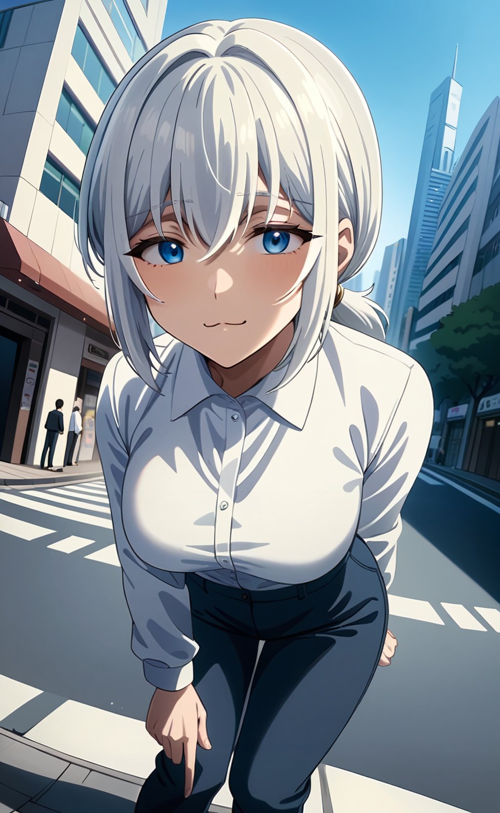 (masterpiece), (best quality), newest, (intricate details, very aesthetic), good hands  1girl, <lora:saitou_ine:1> ine_wz, white hair, blue eyes, short hair, low ponytail, breasts, long sleeves, white shirt, collared shirt, blue  pants, standing, leaning forward, :3, street, tokyo \(city\), fisheye view<lora:sd_xl_dpo_lora_v1:1>