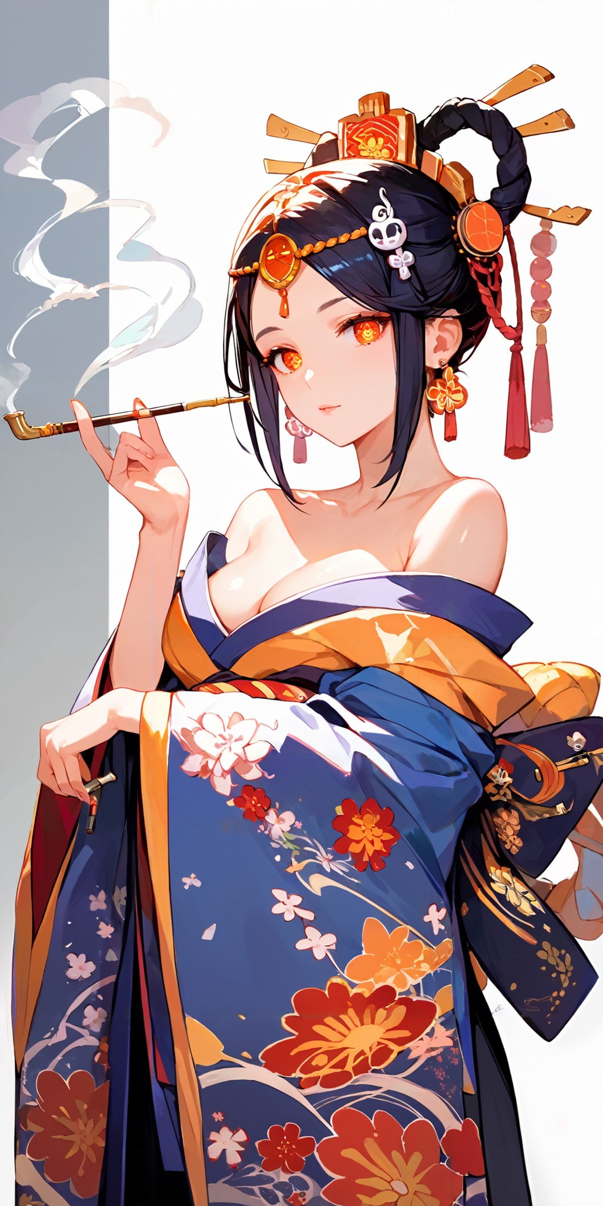 score_9, score_8_up, score_7_up,source_anime, high res image,masterpiece,best quality,girl,cute face,clear skin,shiny hair,ultra detailed eyes,simple background, <lora:oiran_Pony_V1.0:1> oiran, hair ornament, japanese clothes, floral print,off shoulder,smoking pipe,smoking