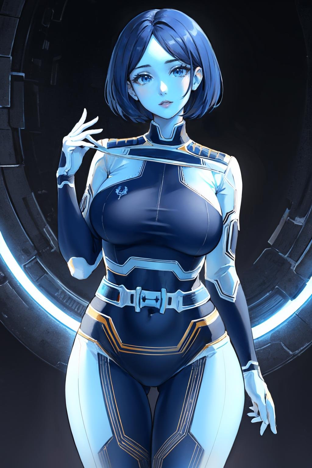 masterpiece, best quality, <lora:theweapon-nvwls-v1-000009:0.9> thewpn, blue skin, blue bodysuit, large breasts, cowboy shot, black background, science fiction, gradient background, looking at viewer, hologram