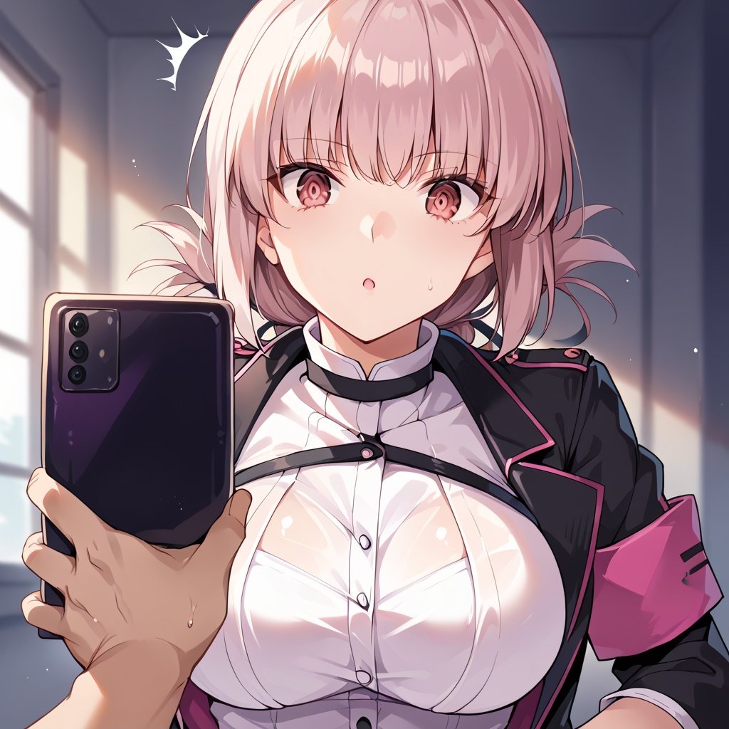 score_9, score_8_up, score_7_up, best quality, masterpiece, source_anime, zPDXL3, BREAK,   1girl, holding phone, , show off phone pov hands,      <lora:show_off_screen_of_phone:1>, , surprised,     , florence_nightingale_\(trick_or_treatment\)_\(fate\), 