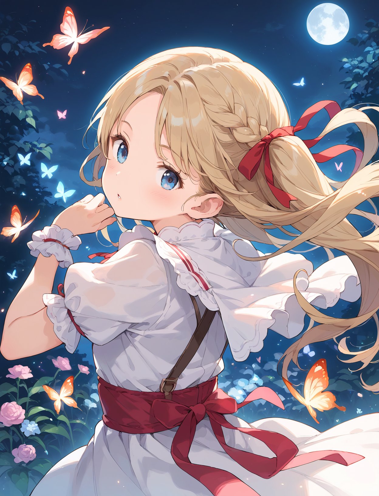 score_9, score_8_up, source_anime, (score_7_up, score_6_up:0.8) , source_anime, official art, masterpiece, highres, BREAK1girl, night, moon,fantasy,, blonde hair, blue background, blue eyes, braid, bug, butterfly, dress, flower, from behind, hair ribbon, long hair, looking at viewer, outdoors, parted bangs, parted lips, pink flower, red ribbon, ribbon, solo, star \(sky\), twintails, upper body