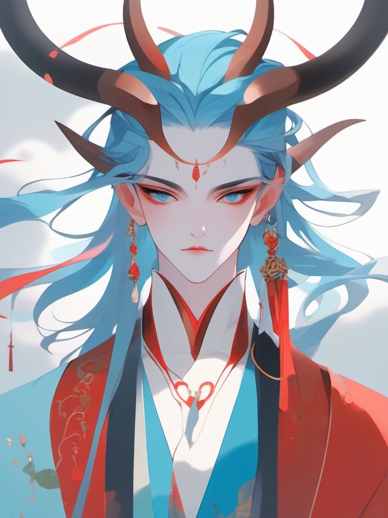 anangc, 1boy, straight-on, horns, long hair, red eyeshadow, blue hair, forehead jewel, blue eyes, chinese clothes, jewelry, earrings, solo, male focus, looking at viewer, makeup, eyeshadow, expressionless, pointy ears, upper body, streaked hair, pale skin, simple background, white background