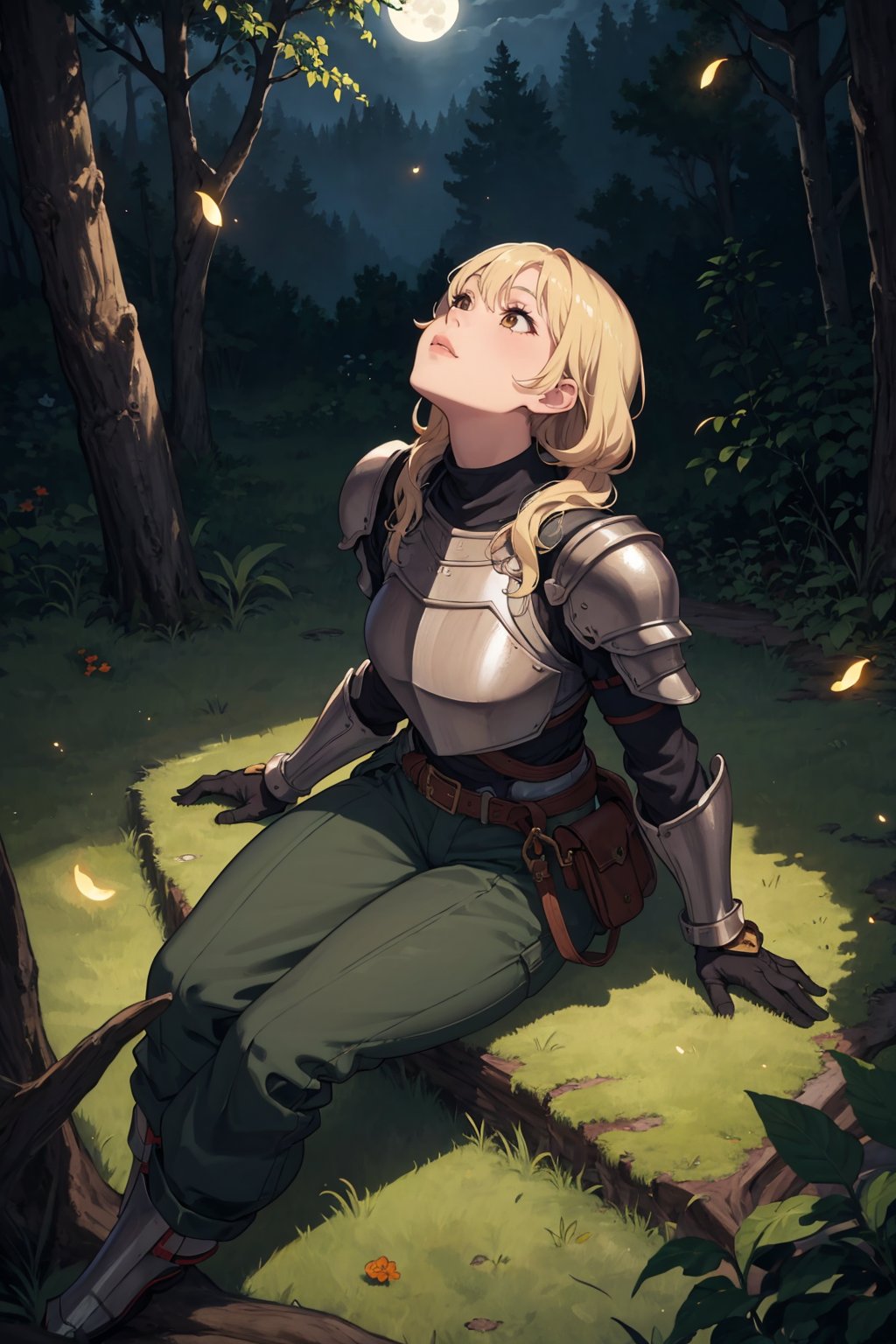 masterpiece, best quality, 1girl, blonde hair, armor, baggy pants, brown gloves, sitting, forest, fireflies, looking up, shadows, moon