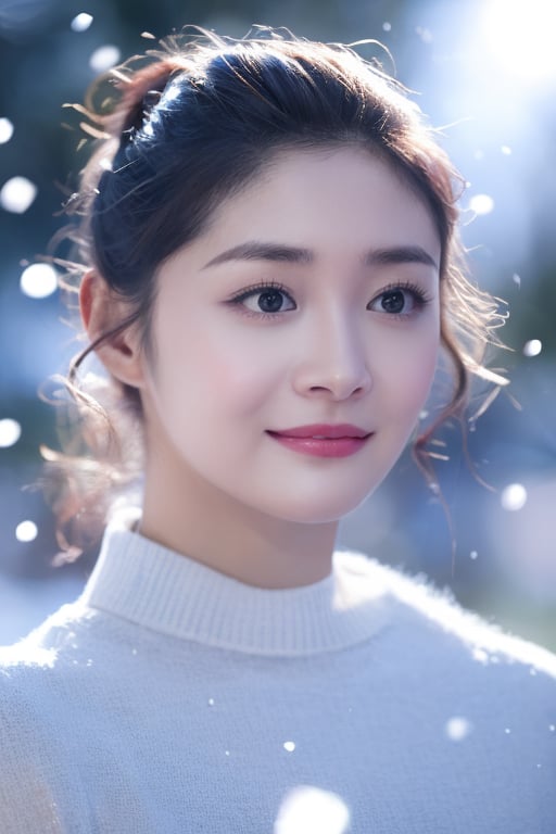 1girl,(lens_flare:0.6),upper_body,snowing,front view,Detailed face,photorealistic,official art,unity 8k wallpaper,ultra detailed,beautiful and aesThetic,masterpiece,best quality,glowing skin,cinematic lighting,(light smile:0.6),<lora:zhoujieqiong:1>,