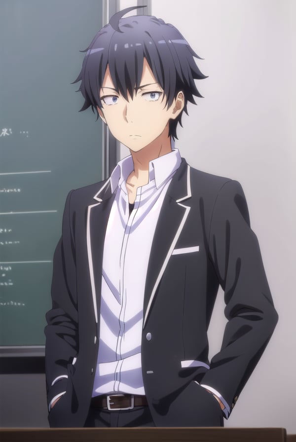 hachimanhikigaya, <lora:hachiman hikigaya s3-lora-nochekaiser:1>,hachiman hikigaya, black hair, ahoge, male focus, (black eyes:1.5),BREAK shirt, school uniform, jacket, white shirt, collared shirt, pants, open jacket, black jacket, black pants, blazer, sobu high school uniform,BREAK indoors, classroom,BREAK looking at viewer, (cowboy shot:1.5),BREAK <lyco:GoodHands-beta2:1>, (masterpiece:1.2), best quality, high resolution, unity 8k wallpaper, (illustration:0.8), (beautiful detailed eyes:1.6), extremely detailed face, perfect lighting, extremely detailed CG, (perfect hands, perfect anatomy),