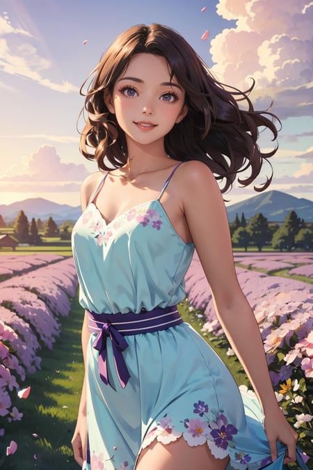 masterpiece, best quality,Ray tracing, hdr, volumetric lighting,A woman in a vintage-inspired floral dress, her hair styled in loose waves, with a confident and radiant expression, open field, flower field, bloom, sunset, smile, (((curvy))), ((mature female)), curly hair, anime screencap, flat color, floating hair, wind, falling petals, purple sky, bird, masterpiece, best quality, intricate detail,