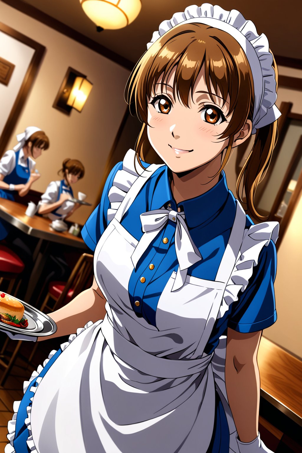 cowboy shot, sunohara shizuka, 1girl, sidelocks, brown eyes, twintails, smile, apron, blue shirt, blue skirt, frilled apron, frills, gloves, head scarf, shirt, short sleeves, skirt, uniform, waist apron, waitress, white apron, white gloves, food, tray, food tray, indoors, restaurant, looking at viewer, dutch angle, cowboy shot, vibrant lighting, high contrast, dramatic shadows, highly detailed, detailed skin, depth of field, masterpiece, best quality, expressive eyes, perfect face, perfect body, beautiful girl, cute girl,<lora:sunohara shizuka aam 2:1>