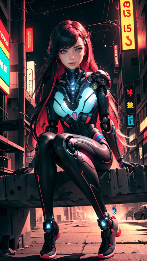 (best quality, masterpiece, colorful, dynamic angle, highest detailed)upper body photo, full body photo, fashion photography of cute 1girl, mechanical arms, cyborg, dark mood, dystopia, glowing, looking at viewer, sitting, long hair, bokeh (intricate details, hyperdetailed:1.15), detailed, moonlight passing through hair, (official cyberpunk art, extreme detailed, highest detailed), HDR+