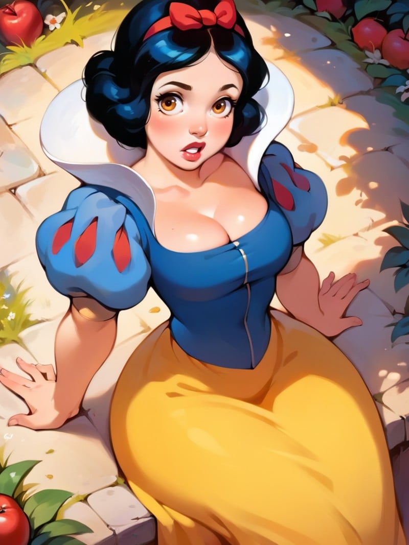 score_9, score_8_up, score_7_up, score_6_up, cute girl with an apple on her lap, puffy sleeves, dress, yellow skirt, corset, curvy, medium breasts, narrow waist, wide hips, thick thighs, looking at viewer, dynamic angle, cowboy shot, cartoon, dynamic pose, from above, sfw, village, surprised, cleavage, sitting,  <lora:SnowWhiteXLP_character:1>SnowWhiteXLP