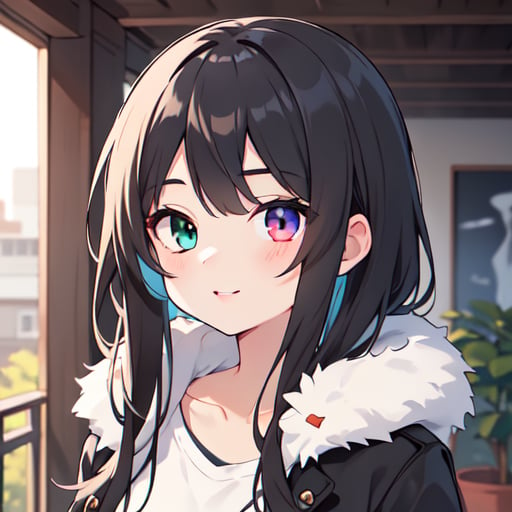 heterochromia,(left blue eye),(rigth red eye),black long hair,1girl,side bangs,parted bangs,parted lips,closed mouth,light smile,upper body,A loose coat,, masterpiece, best quality,