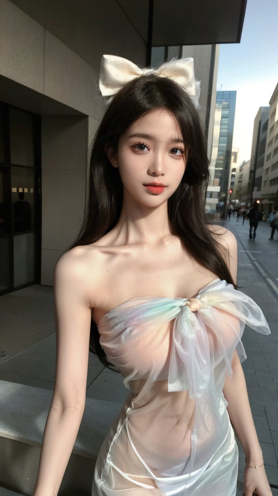 masterpiece,best quality,bright colors,solo,photo_,(1girls:1.3),(standing:1.3),(looking at viewer:1.4),Elegant,detailed gorgeous face,(upper body:1.1),realistic,(street background:1.2),,dress,see-through,bow,,<lora:MIS95:0.75>,<lora:add_detail:0.8>