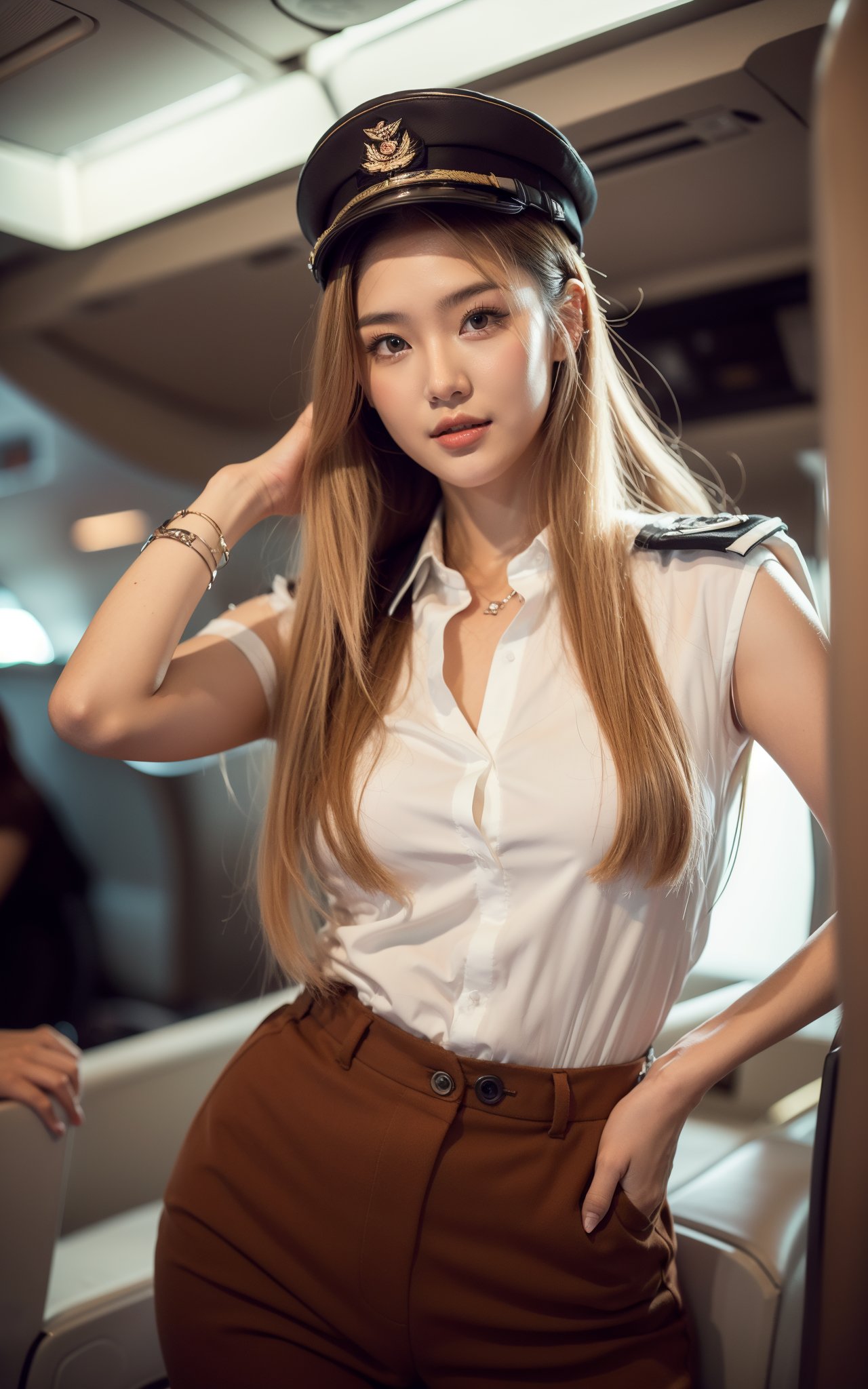 2girl,sexy 19yo,asian,aegyo,flight attendant,wearing flight attendant uniform and cap,smiling,8k resolution,inside airplane background,inside cockpit,indoors,Canon EOS R5,50mm,absurdres,ultra detailed,sharp focus,cinematic lighting,detailed beautiful face,cute,korean,young head,(masterpiece:1),(best quality:1.4),(ultra highres:1.2),(photorealistic:1.4),(heavy makeup),(skinny and fit body:1.3),thigh gap,detailed long blond hair,messy hair,contrapposto,hand of guido daniele,