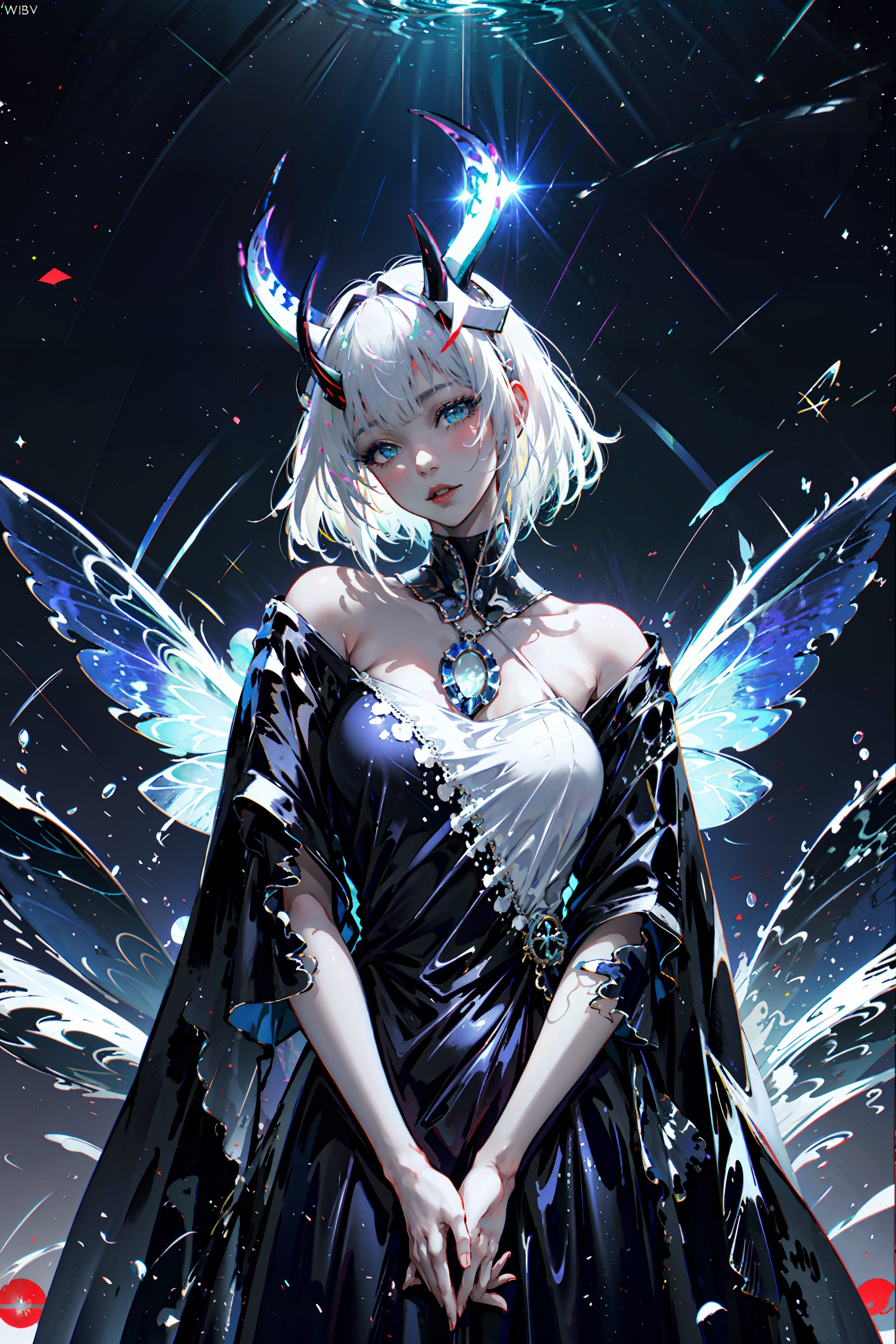 centered, upper body, 1girl, white hair, demon horns, liquid clothes, <lora:LiquidClothesV1fixed:0.5>, <lora:DW-000008:0.5>, monochrome, glowing, <lora:Dark-000016:0.5>, shaft head tilt