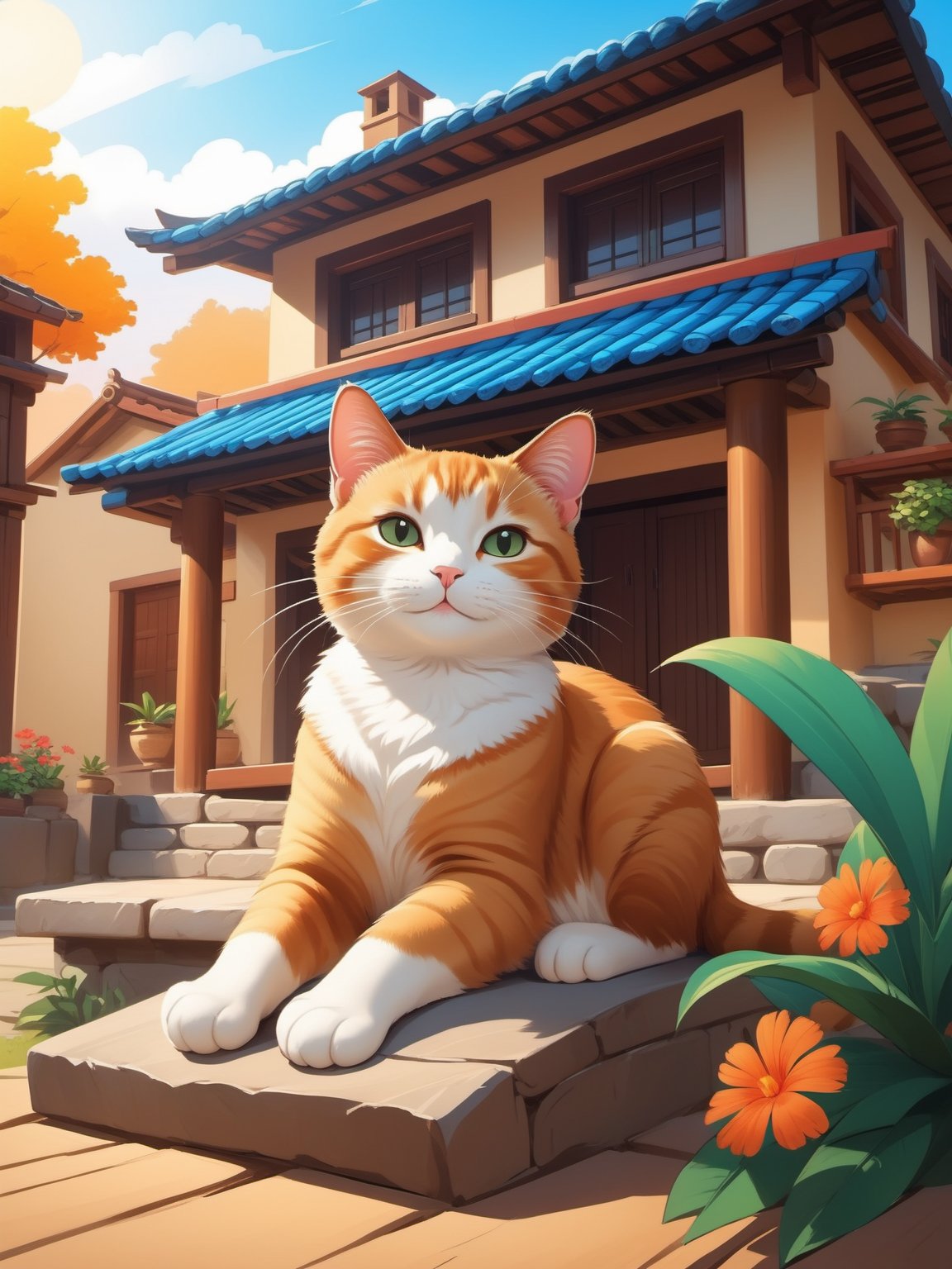 Healing cartoon,masterpiece, best quality,2d Illustration style, happy cat lying in front of the house, warm, comfortable, and casual APPrimitive tribes 