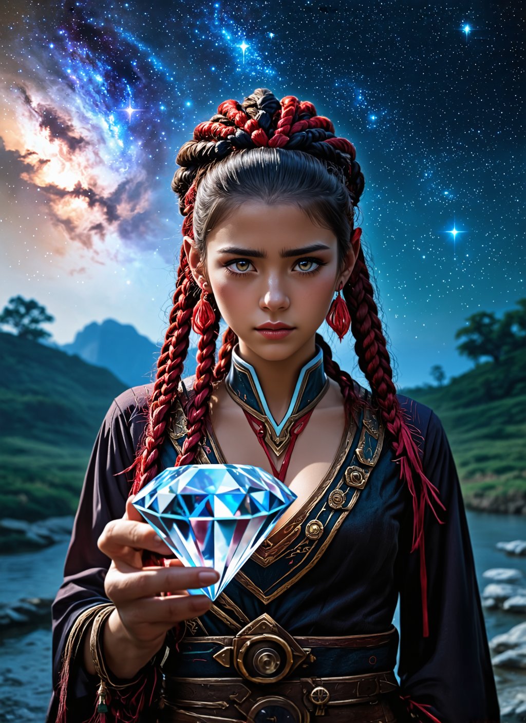 Medium format photorealistic highly detailed 8k photography, (Vietnamese Steampunk Adventurer holding Diamond:1.1), Horizon-centered composition, Braided hair, Bold dress, (Blood Red Rainbow Cornrows:1.2), (Sadness in eyes:1.3), Detailed chalk strokes, Celestial mood, (Starry illumination:1.4), Enhanced contrasts, perfect hands