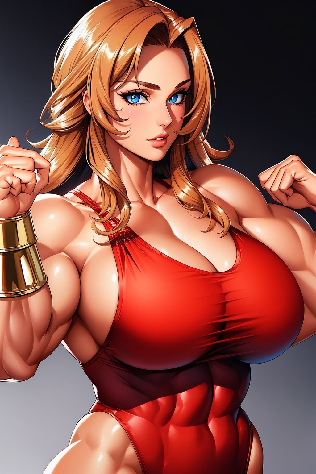 (bodybuilder:1.2), woman, large shoulders, strong bicep, detailed eyes, luscious lips