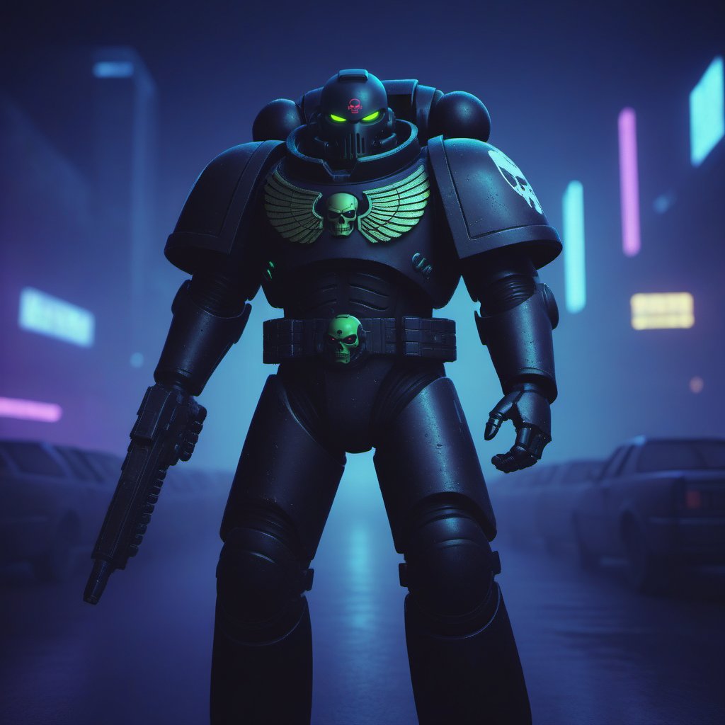 a black spacemarine robot, cyberpunk city background, night, neon lights, skulls, death <lora:SpaceMarine1024:0.4>