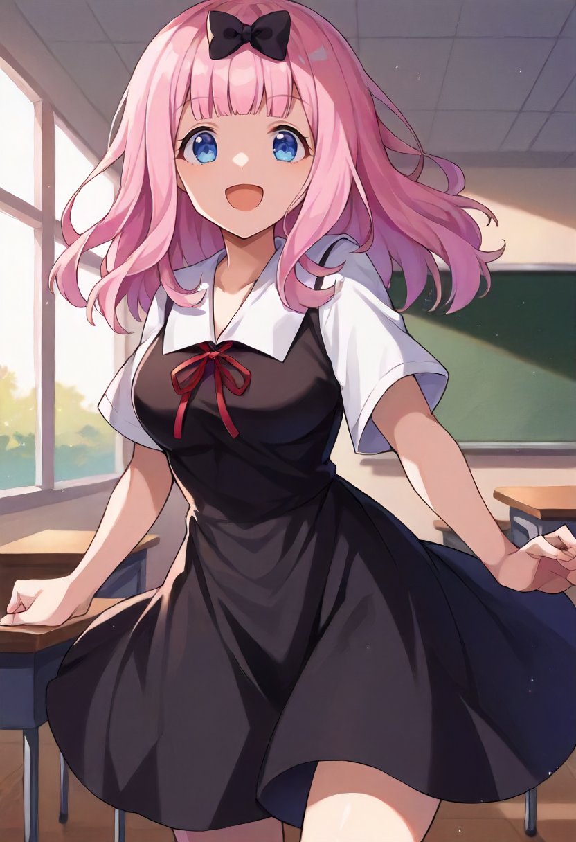 score_9, score_6_up, source_anime, 1girl, solo, classroom, cowboy shot, chika, blue eyes, pink hair, hair bow, black bow, black dress, white sailor collar, neck ribbon, red ribbon, short sleeves, white shirt, smile, open mouth, medium breasts <lora:love_is_war_sdxl_pony:0.8>