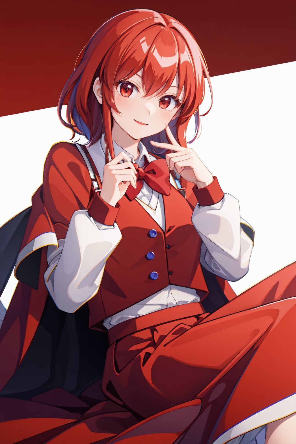 masterpiece,best quality, highly detailed, okazaki yumemi,1girl,red capelet,solo,red bowtie,red vest,red skirt,looking at viewer,long sleeves,white shirt,smile<lora:okazaki_yumemi:1>,simple background,white background