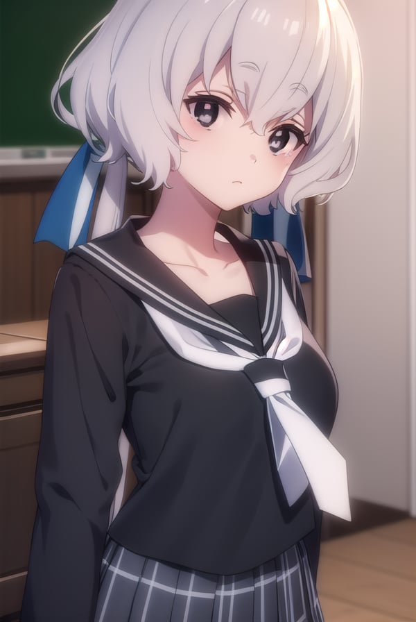 junkokonno, <lora:junko konno s2-lora-nochekaiser:1>,junko konno, low twintails, (black eyes:1.5), twintails, white hair,BREAK sailor dress, serafuku, skirt, school uniform, white necktie, necktie, long sleeves,BREAK looking at viewer, full body,BREAK indoors, classroom,BREAK <lyco:GoodHands-beta2:1>, (masterpiece:1.2), best quality, high resolution, unity 8k wallpaper, (illustration:0.8), (beautiful detailed eyes:1.6), extremely detailed face, perfect lighting, extremely detailed CG, (perfect hands, perfect anatomy),