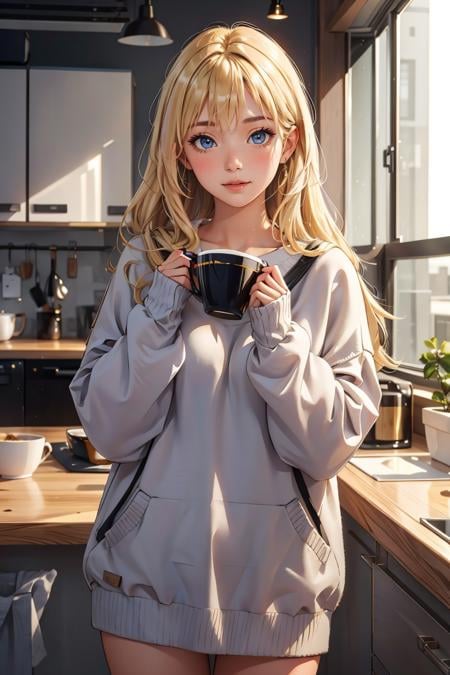 masterpiece, best quality,1girl,  <lora:OversizedClothes_FefaAIart:1>,long hair,  blonde hair,oversized sweater,