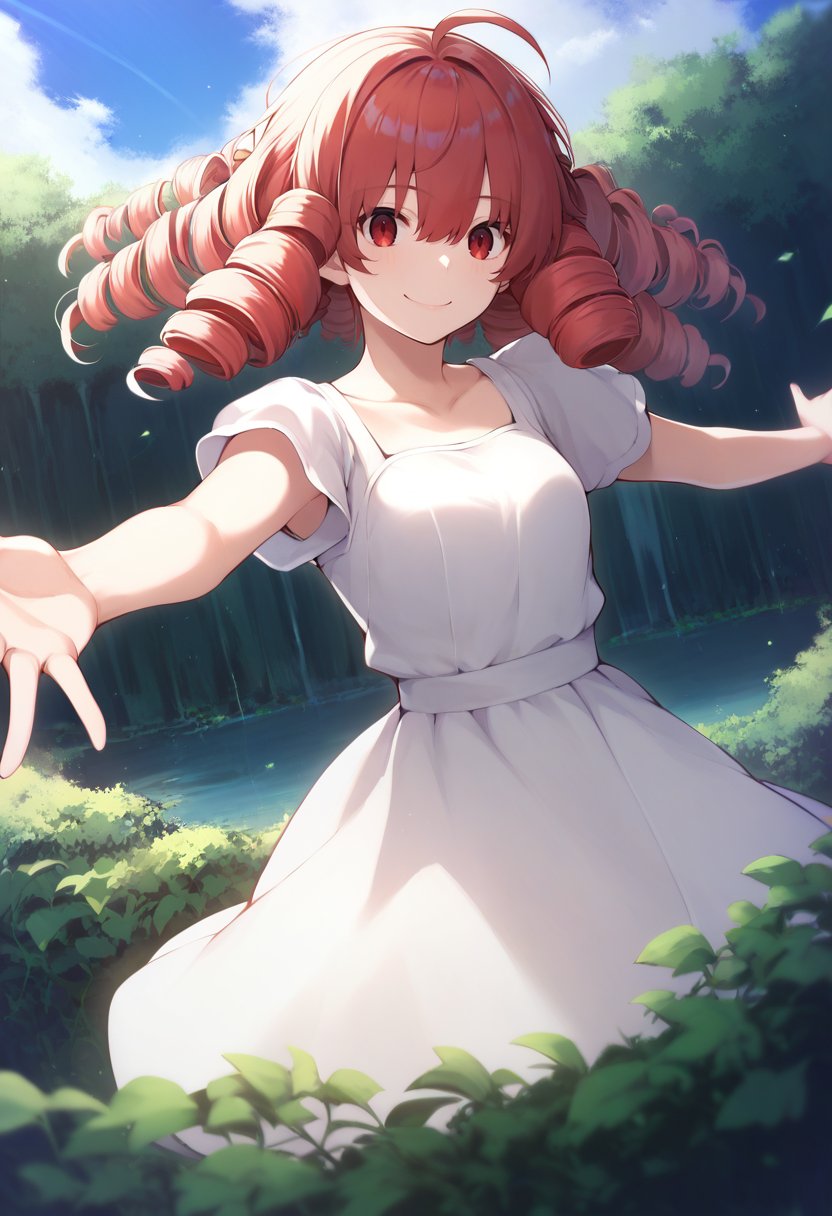 score_9, score_8_up, score_7_up, source_anime, 1girl,red eyes,smile, outdoors, best quality,  red hair, ringlets, outstretched arms,  white sundress, by nekodaruma  <lora:Nekodaruma-Style-PonyXL:1>