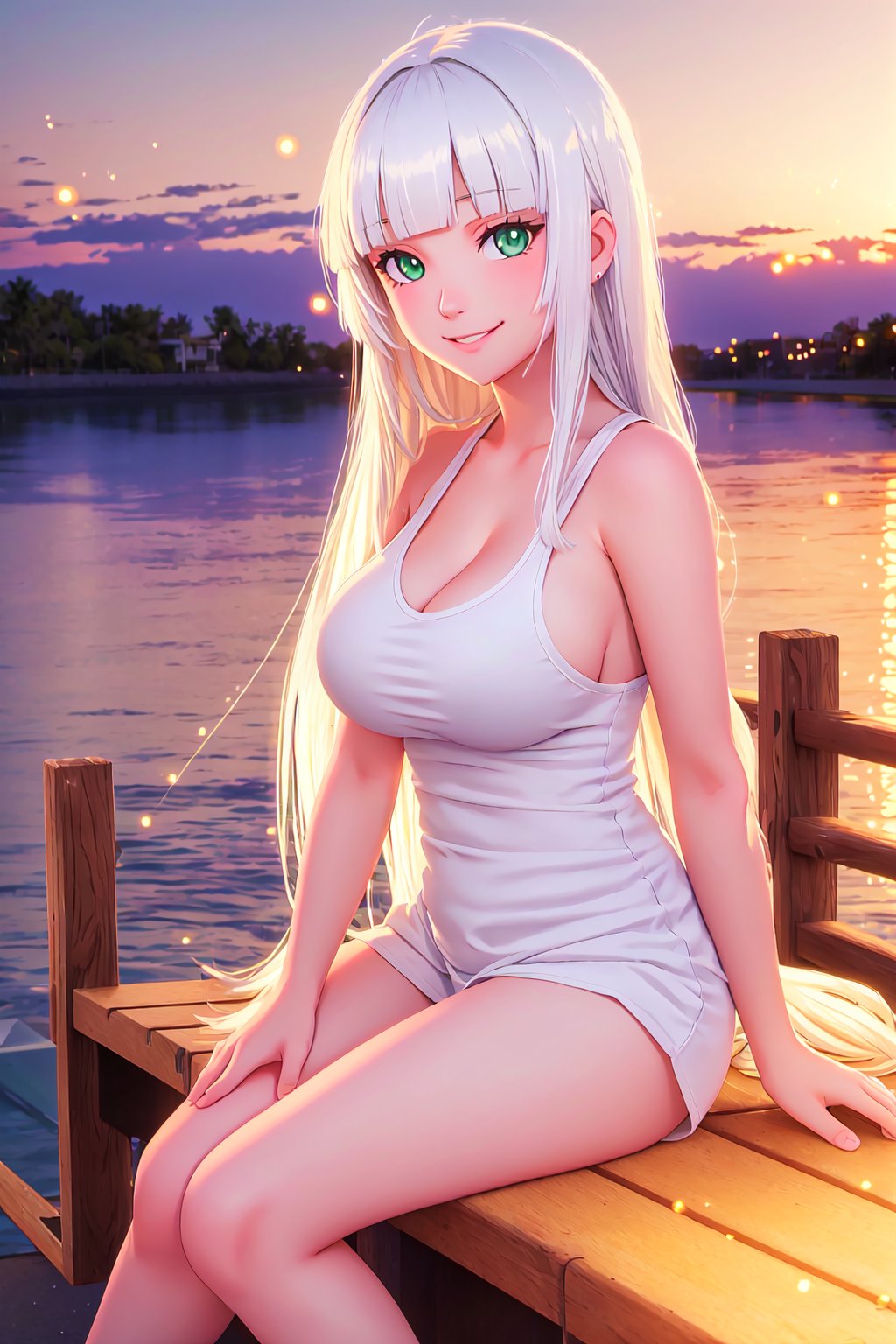 long hair, white hair, green eyes, sitting on boardwalk, sunset, light particles, fireflies, volumetric lighting, tank top, large breasts, smile, sparkling eyes, blunt bangs