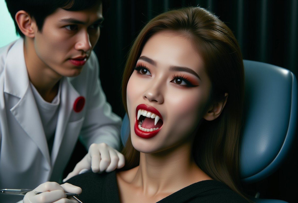 Vampyfangs1. a film still photo. 35mm. 4k. From a 2003 movie. An asian vampire woman is showing off her fangs, she is at the dentist.