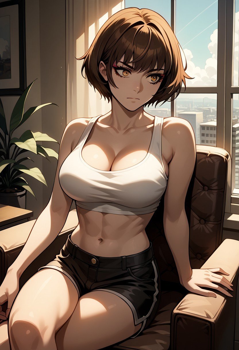 score_9,score_8_up,score_7_up,source_anime, Androssi Zahard,1girl,solo,breasts,large breasts,navel,cleavage,bare shoulders,sitting,shorts,indoors,midriff,crop top,short shorts,window,black shorts,chair,bob cut,crossed legs,tank top,hand on lap,