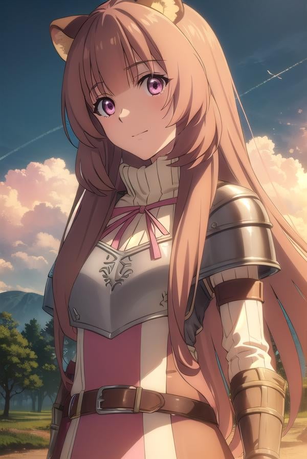 raphtalia, <lora:raphtalia s3-lora-nochekaiser:1>,raphtalia, long hair, bangs, brown hair, animal ears, raccoon ears, raccoon tail, raccoon girl, (pink eyes:1.3), smileBREAK long sleeves, sweater, ribbed sweater, shoulder armor, breastplate, ribbon, red ribbon, gauntlets, glove, brown gloves, belt, skirt, armor,BREAK outdoors, forest, nature, sun, sky, trees, clouds, grass,BREAK looking at viewer, (cowboy shot:1.5),BREAK <lyco:GoodHands-beta2:1>, (masterpiece:1.2), best quality, high resolution, unity 8k wallpaper, (illustration:0.8), (beautiful detailed eyes:1.6), extremely detailed face, perfect lighting, extremely detailed CG, (perfect hands, perfect anatomy),