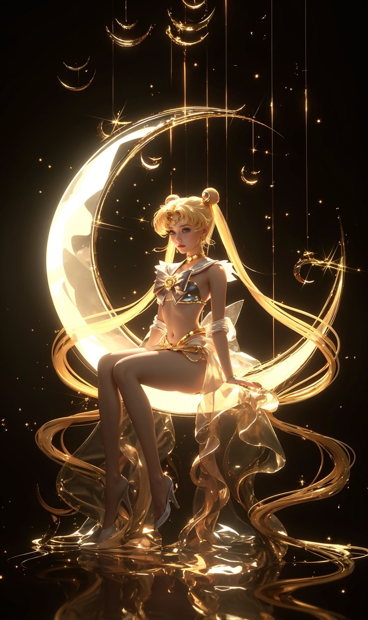 (8k, RAW photo, highly detailed,masterpiece, highest quality),rich colors,high contrast,film still,full shot body photo of the most beautiful artwork in the world,cinematic light,fantasy,highres,(detailed face),xuer Sailor Moon,1girl,long hair,tsukino usagi,blonde hair,solo,twintails,very long hair,crescent,sitting,jewelry,facial mark,blue eyes,hair bun,crescent facial mark,double bun,absurdly long hair,full body,crescent moon,bow,bangs,earrings,moon,breasts,forehead mark,hair ornament,high heels,navel,white bow,closed mouth,black background,high gloss,extremely beautiful skin,natural skin texture,(pale skin, real_skin),(Milky skin:1.2),(shiny skin:1.5),<lora:xuer Sailor Moon_20240329152018:0.8>,