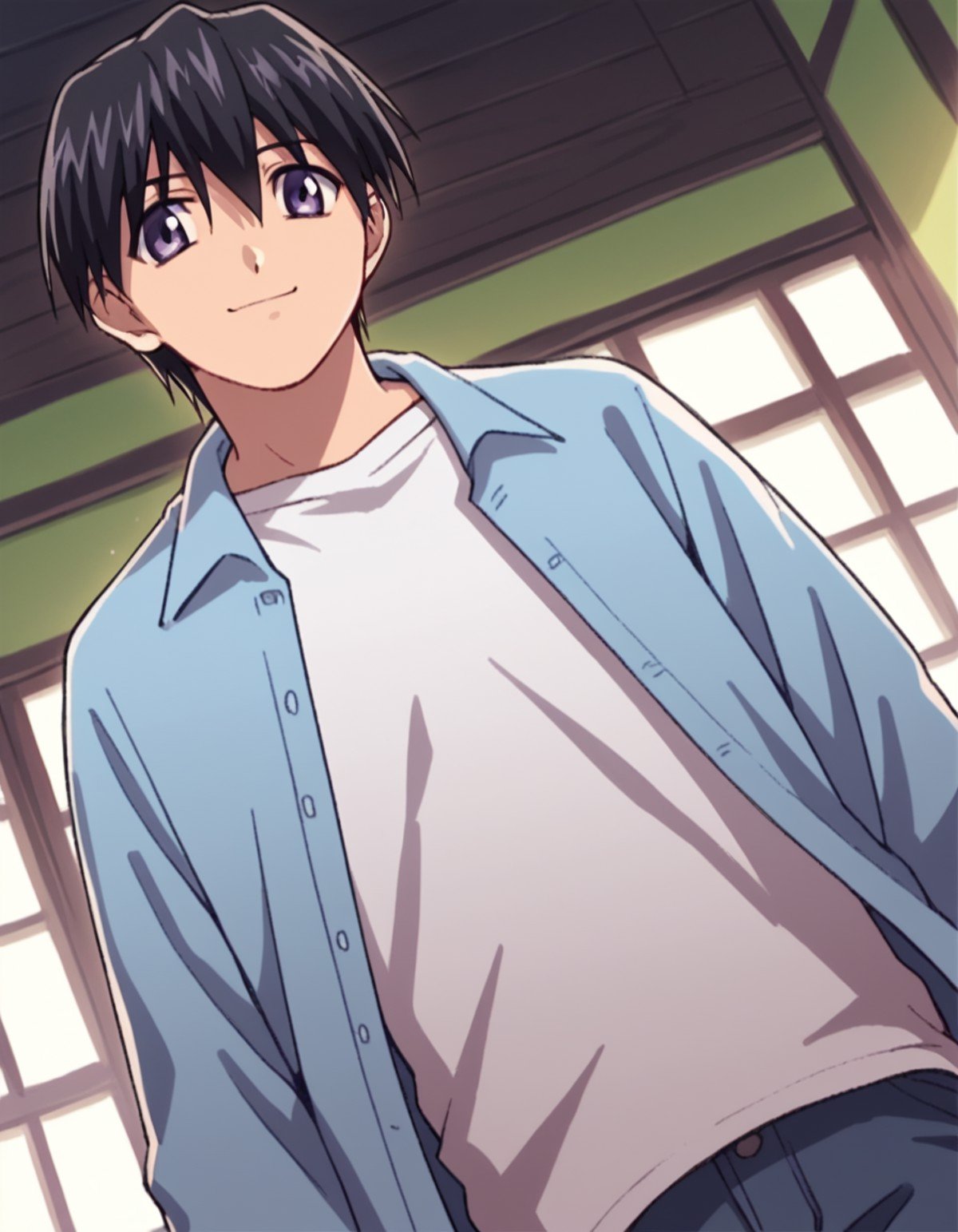 score_9, score_8_up, score_7_up, source_anime,elfenliedkouta, <lora:elfen-lied-kouta-s1-ponyxl-lora-nochekaiser:1>,kouta, purple eyes, black hair, male focus,shirt, long sleeves, white shirt, short sleeves, open clothes, pants,indoors, smile,cowboy shot, looking at viewer, solo, dutch angle,