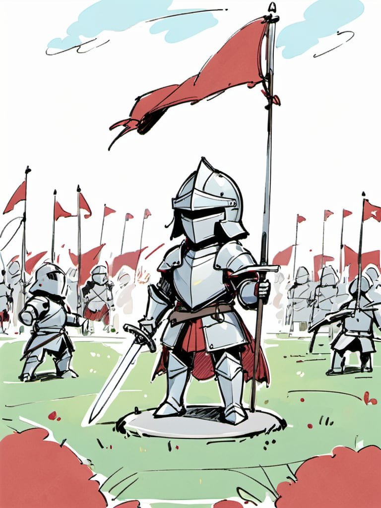 <lora:luXL毛躁手绘Fuzzylines_lora_resized:0.8>, fuzzylines, sketch, a cute little knight, fighting stand, holding_sword, long_sword, on the war field, flag,