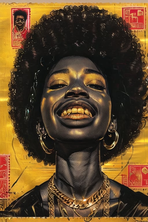 Black art,  solo,  1girl,  afro,  glowing, jewelry, portrait, gold chain , good shaped teeth,  realistic , nice lips,<lora:EMS-297755-EMS:1.000000>