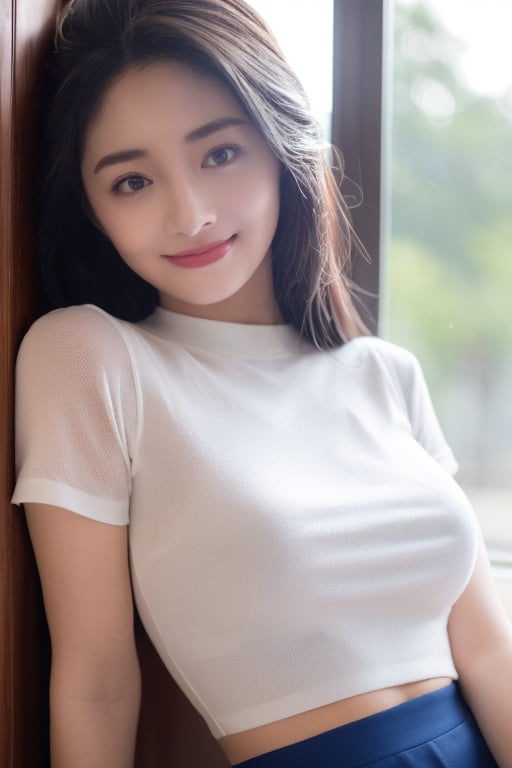 <lora:zhoujieqiong:1>,HDR,UHD,8K,Highly detailed,best quality,((masterpiece)),((masterpiece)),(((best quality))),realistic,1girl,upper body,blue shirt,pantyhose,skirt,white skin,indoors,(((extreme detailed face, detailed skin,extreme detailed body))),Studio lighting,extreme detail description,upper_body,, photorealistic,official art,unity 8k wallpaper,ultra detailed,beautiful and aesThetic,masterpiece,best quality,glowing skin,cinematic lighting,light smile,