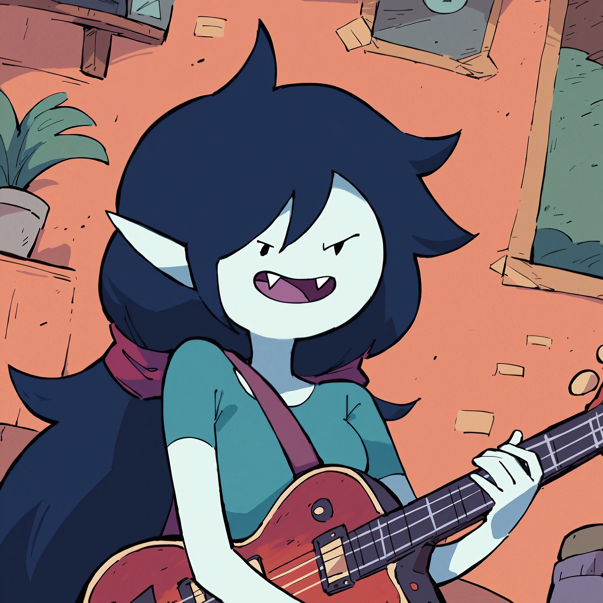 score_9, score_8_up, score_7_up, m4rc3l1n3,1girl,solo, dot eyes,grey skin, long hair,marceline abadeer from adventure time, playing guitar,fangs <lora:marceline_v4:1>