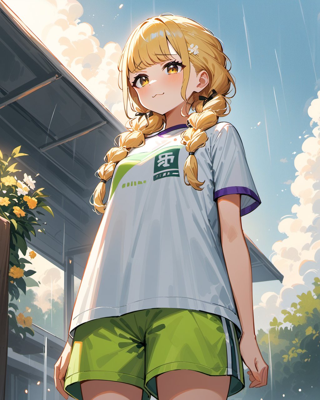 (impasto),best quality,masterpiece,highres,<lora:gakuenidolmaster1-A3:0.5>,kotone fujita,kotone three,blonde hair,braid,twin braids,black socks,shoes,long shirt,gym uniform,white footwear,green shorts,long hair,short sleeves,brown eyes,clothes painting,:3,(outdoor:1.2),rainning,upper body,looking at viewer,blurry foreground,(flowers:1.2),Cinematic Lighting,moody lighting,Volumetric Lighting,cinematic_angle,dynamic_angle,looking at viewer BREAK from below,disgust,sky,(upper body),cowboy shot,small breasts