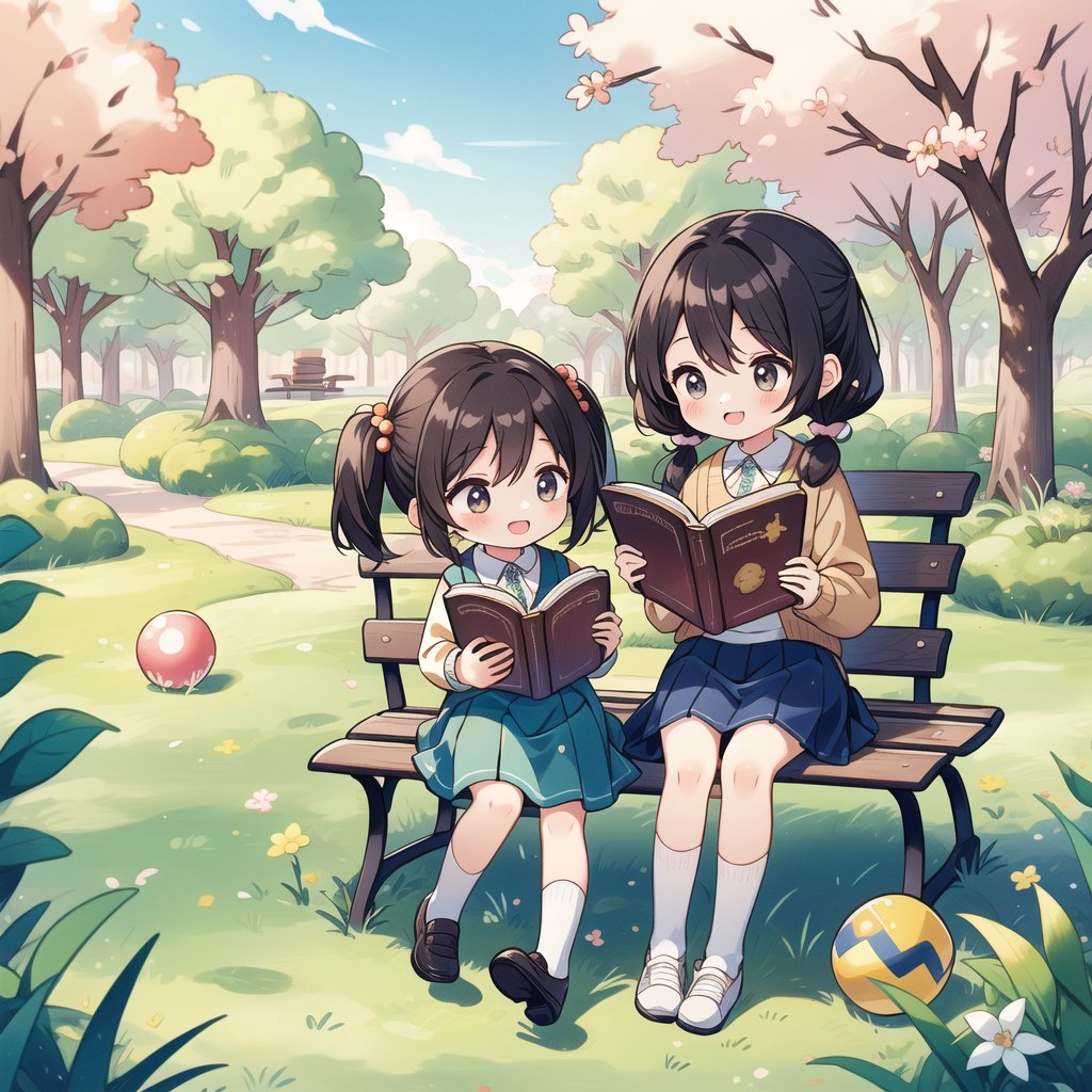 ((A child, small cute plush ball errings, pigtails, jumper skirt, A charming smile, reading picture-story book)), Parks, lawns, cherry trees, benches, masterpiece, best quality