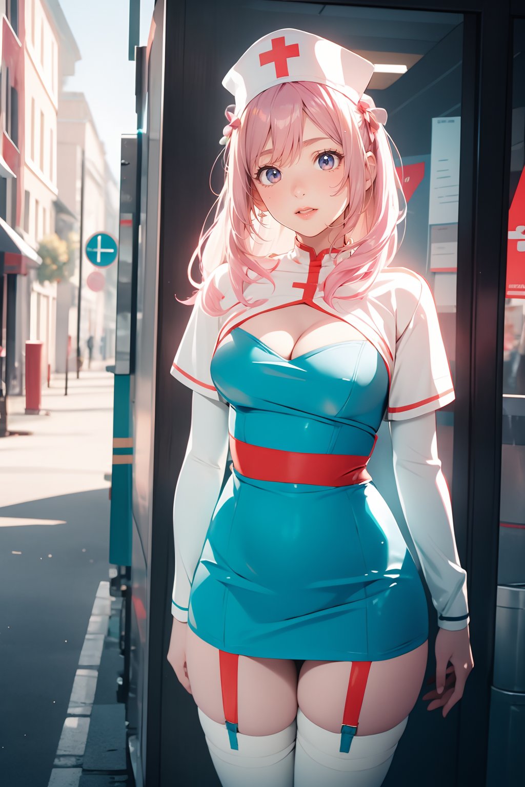 <lora:GoodHands-手beta2:1>,solo,1girl,outdoors,cityscape,standing,cowboy shot,<lora:0401 Cling To Latex_v1:1>,ruanyi0401,nurse cap,short dress,blue dress,garter straps,white thighhighs,cleavage cutout,capelet,blonde hair,very long hair,, best quality,masterpiece,highres,official art,extremely detailed cg unity 8k wallpaper