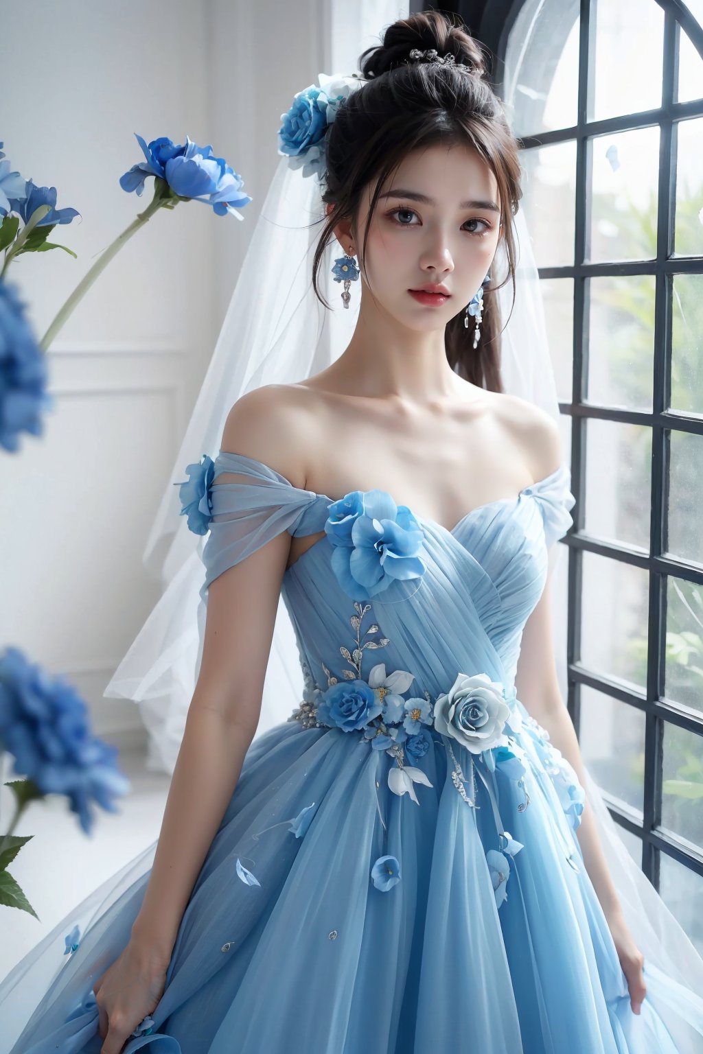 photorealistic,realistic,photography,masterpiece,best quality,ultra-detailed,extremely detailed CG unity 8k wallpaper,(reality: 1.4),1girl,solo, standing,black hair,long hair,hair ornament,looking at viewer,solo,looking at viewer,brown hair,black hair,hair ornament,dress,bare shoulders,jewelry,collarbone,flower,earrings,hair flower,hair bun,white background,blue flower dress, indoor studio<lora:JAY - BLUE FLOWER DRESS:0.8>, (best quality:1.3)