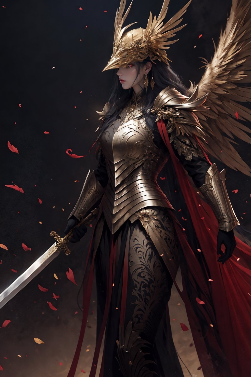 1girl，solo，jewelry，earrings，helmet，holding weapon，holding sword，Malenia in Elden Ring, dragon scale hat, in the style of epic fantasy scenes, gold and crimson,golden helmet,ritualistic masks with gold wings spread on it, mythical,Petals drift around her as her once-pristine form undergoes a graceful decay,glowing crimson eyes,in the underground cave with light shooting through the hole on the top,32k uhd,   painted by MichaelCTY(Chang Ting Yu),medieval knight armor,in the style of Dark SoulⅢ,painted by hamaya and macros,dark fantasy,majestic attire,captivating light,solarizing master,strong emotional impact,majestic figures，<lora:绪儿-女武神 winged helmet:0.8>